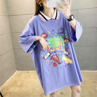 Printed 3/4-sleeve Collared T-shirt Dress