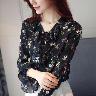 Long-sleeve Floral Print Ruffle Blouse