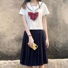 Contrast Trim Short-sleeve Blouse / Pleated Skirt / Bow Tie / Set