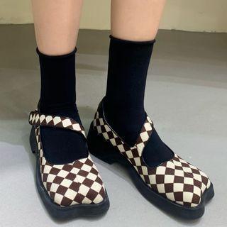 Checkered Block Heel Mary Jane Shoes