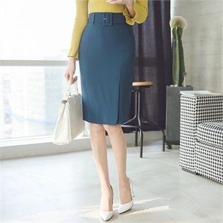 Slit-front Belted Pencil Skirt