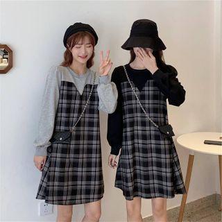 Mock Two Piece Plaid Panel Sweatshirt Dress