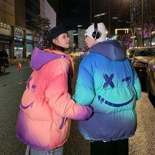 Padded Smiley Tie-dye Hooded Zip Jacket