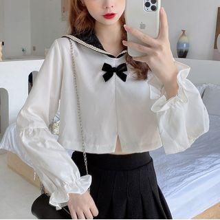 Bow Accent Long Sleeve Blouse White - One Size