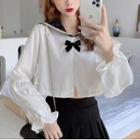 Bow Accent Long Sleeve Blouse White - One Size