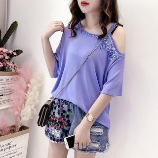 Sequined Cut Out Shoulder Short Sleeve T-shirt