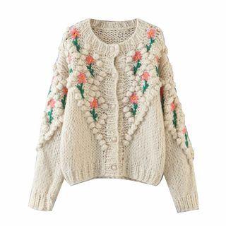 Flower Embroidered Cardigan Pink & Green & Beige - One Size