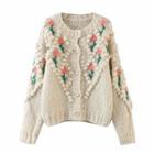 Flower Embroidered Cardigan Pink & Green & Beige - One Size