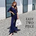 Set: Loose-fit Top + Band-waist Contrast-trim Pants Navy Blue - One Size