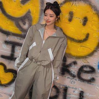 Set: Contrast-trim Cropped Windbreaker + Jogger Pants