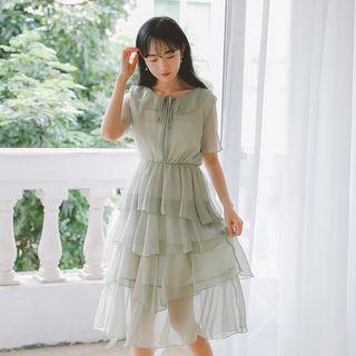 Chiffon Lace Up Short-sleeve Midi Layered Dress