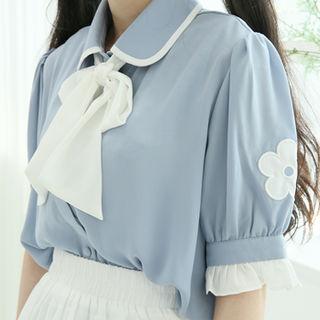 Puff-sleeve Crepe Blouse & Tie