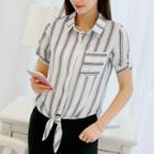 Tie-front Short-sleeved Striped Blouse