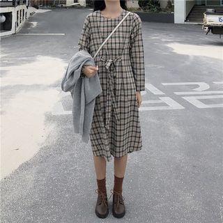 Long-sleeve Plaid Tie-waist Midi Shift Dress