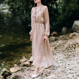 Set: Plain Slipdress + Star Embroidered Long-sleeve Midi A-line Dress