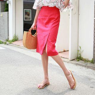 Band-waist Linen Blend Slit-front Midi Skirt