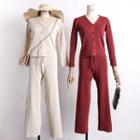 Set: V-neck Cardigan + Drawstring Wide Leg Pants
