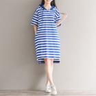 Striped Elbow-sleeve Hooded T-shirt Dress