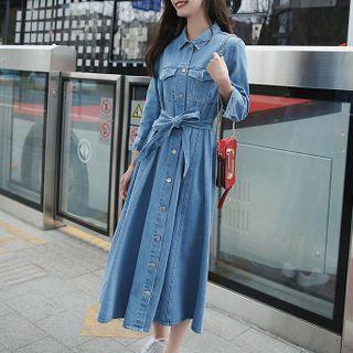3/4-sleeve Buttoned A-line Midi Denim Dress