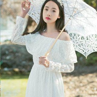 Long-sleeve Off Shoulder Lace A-line Midi Dress
