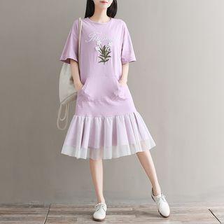 Elbow-sleeve Sheer Panel Embroidered Midi Dress
