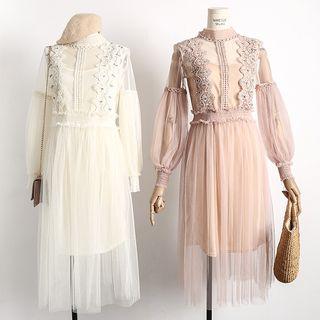 Lace-panel Mesh A-line Dress With Slipdress
