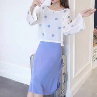 Set: Long-sleeve Dotted Top + Spaghetti Strap A-line Knit Dress