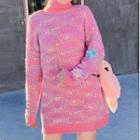 Turtleneck Floral Applique Sweater Pink - One Size