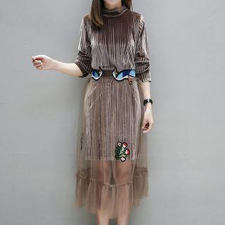 Set: Velvet Long-sleeve Dress + Sheer Midi Skirt