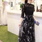 Floral Print Lace Panel Elbow Sleeve Maxi Dress