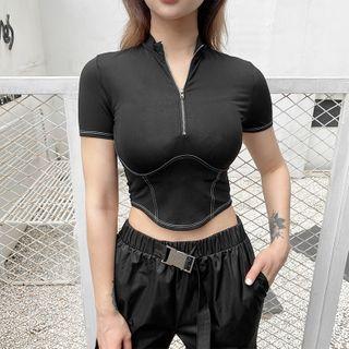 Short-sleeve Half-zip Contrast Stitching Cropped T-shirt