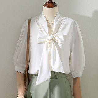 Semi Sleeve V-neck Lace Panel Bow Shirt