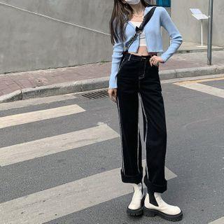 High-waist Contrast Trim Wide-leg Jeans