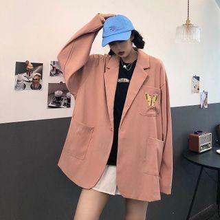 One Button Butterfly Embroidered Blazer Pink - One Size