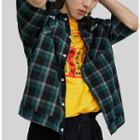 Short-sleeve Letter Embroidered Plaid Shirt