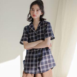 Short-sleeve Plaid Shirt Plaid - Dark Blue - One Size
