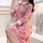 Embroidered Long-sleeve Collared A-line Lace Dress