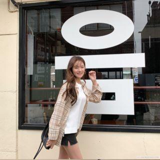 Boxy-fit Plaid Shirt Beige - One Size