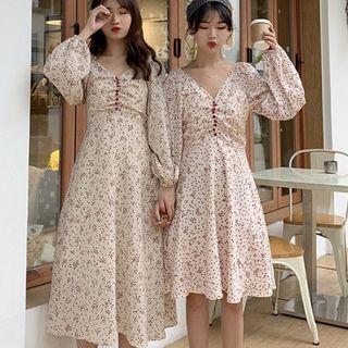 Floral Printed V-neck Long-sleeve A-line Dress