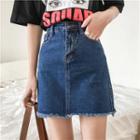 High-waist Fringed Denim A-line Skirt