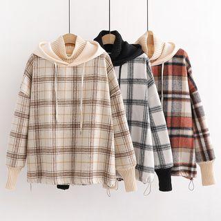 Mock-turtleneck Plaid Hoodie