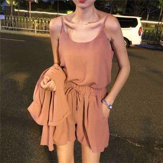 Set: 3/4-sleeve Double-breasted Blazer + Camisole + Drawstring Shorts