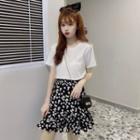 Short-sleeve Plain T-shirt / Floral Print Mini Skirt
