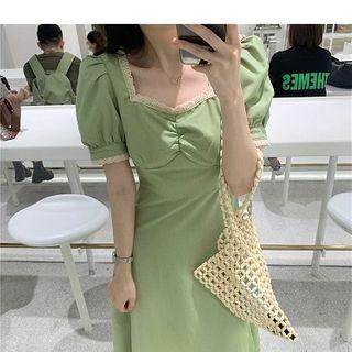 Lace Square-neck Puff-sleeve Dress