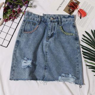 Embroidered Distressed Denim Mini A-line Skirt
