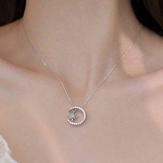 Rhinestone Crescent Star Necklace 1pc - Silver & Blue - One Size