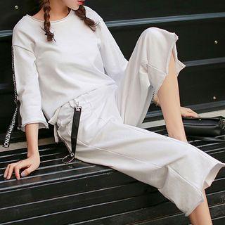 Set: Lettering Applique 3/4 Sleeve Cropped T-shirt + Cropped Wide Leg Pants