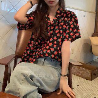 Elbow-sleeve Floral Print Shirt Black - One Size