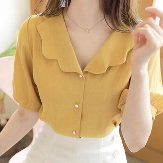 Scallop-collar Faux-pearl Blouse