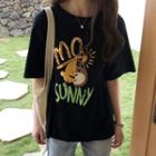 Elbow-sleeve Sequined Printed T-shirt